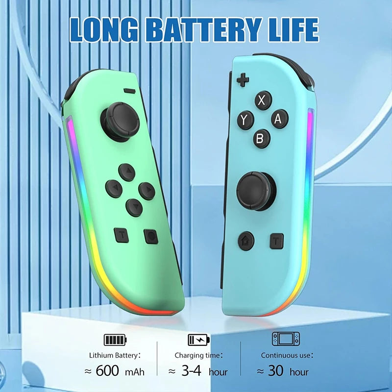 A pair of light green and blue wireless joy-con controllers displayed on a white surface with battery life specifications.