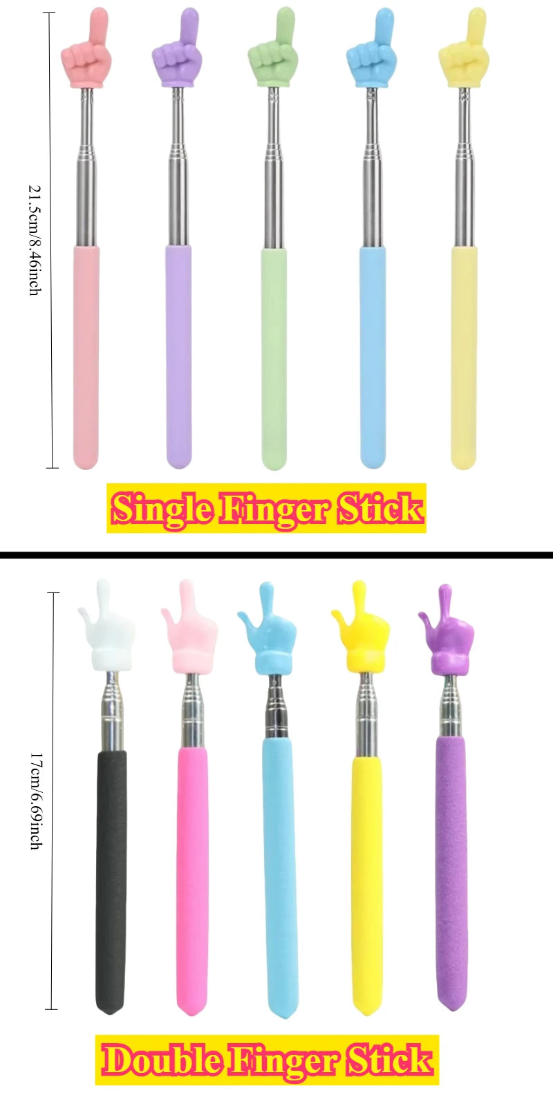 A collection of single and double finger sticks in various colors including pink purple green blue yellow and black