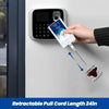 A hand is pulling a retractable cord from an acrylic nurse badge reel mounted on a wall.