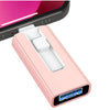 A pink flash drive with a connector for an iPhone, Android, and computer.