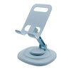 A light blue foldable desktop phone stand with a rotating mechanism.