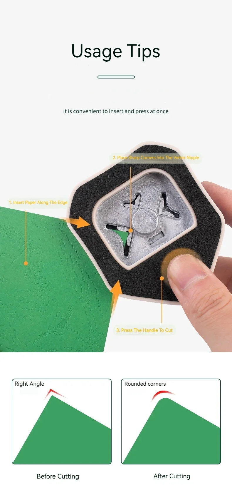 Instructions show how to insert paper, press the handle to cut, and illustrate the difference between a right angle and round