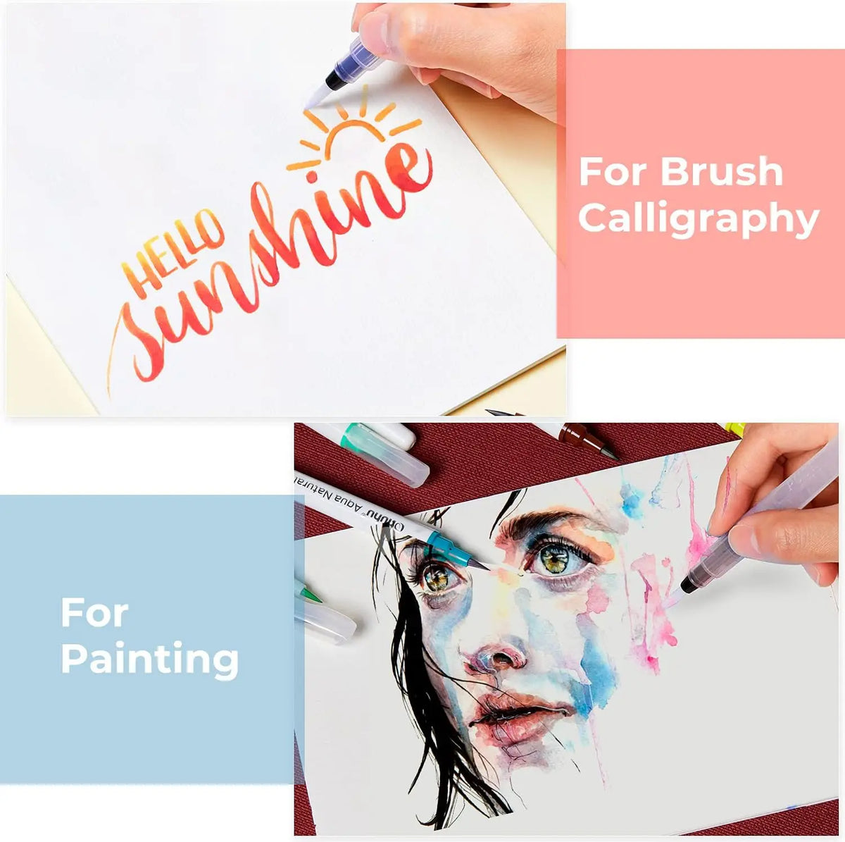 Un set de pinceles de acuarela con ejemplos de caligrafía y pintura.