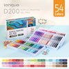 A box and several sets of acrylic gel pens in various colors are displayed on a light blue surface.