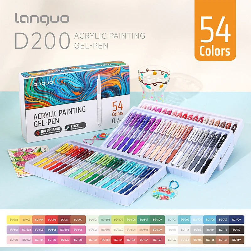 A box and several sets of acrylic gel pens in various colors are displayed on a light blue surface.