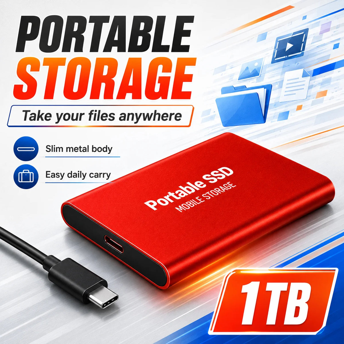 Rote tragbare SSD mit schwarzem Anschluss auf weißem Hintergrund, die mobile Speicherkapazität hervorhebt.