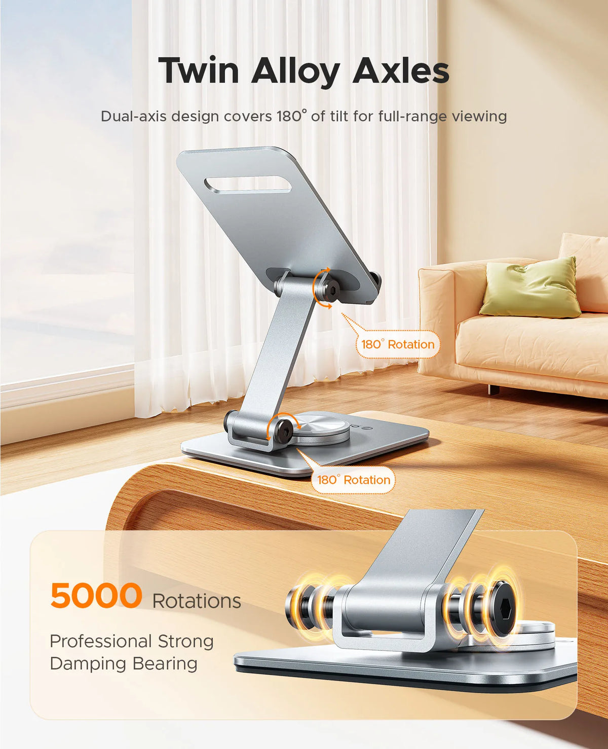 Twin Alloy Axles phone holder stand demonstrating 180 degree tilt for full-range viewing