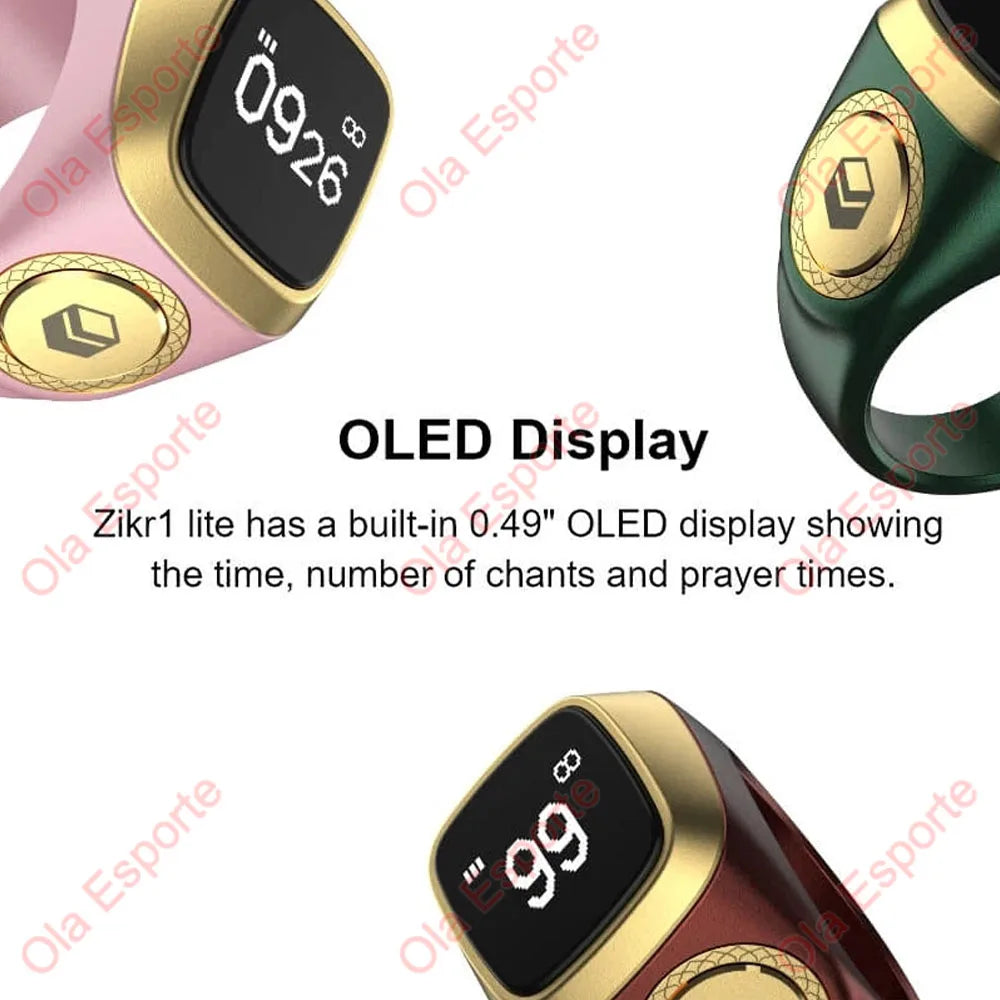 Close-up of a digital Zikr ring with an OLED display showing the time and prayer details.