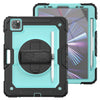 A heavy duty rugged iPad case in teal and black showing the front and back views of the protective cover.