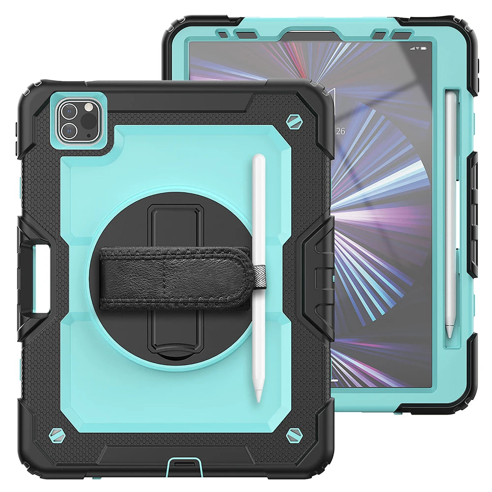 A heavy duty rugged iPad case in teal and black showing the front and back views of the protective cover.