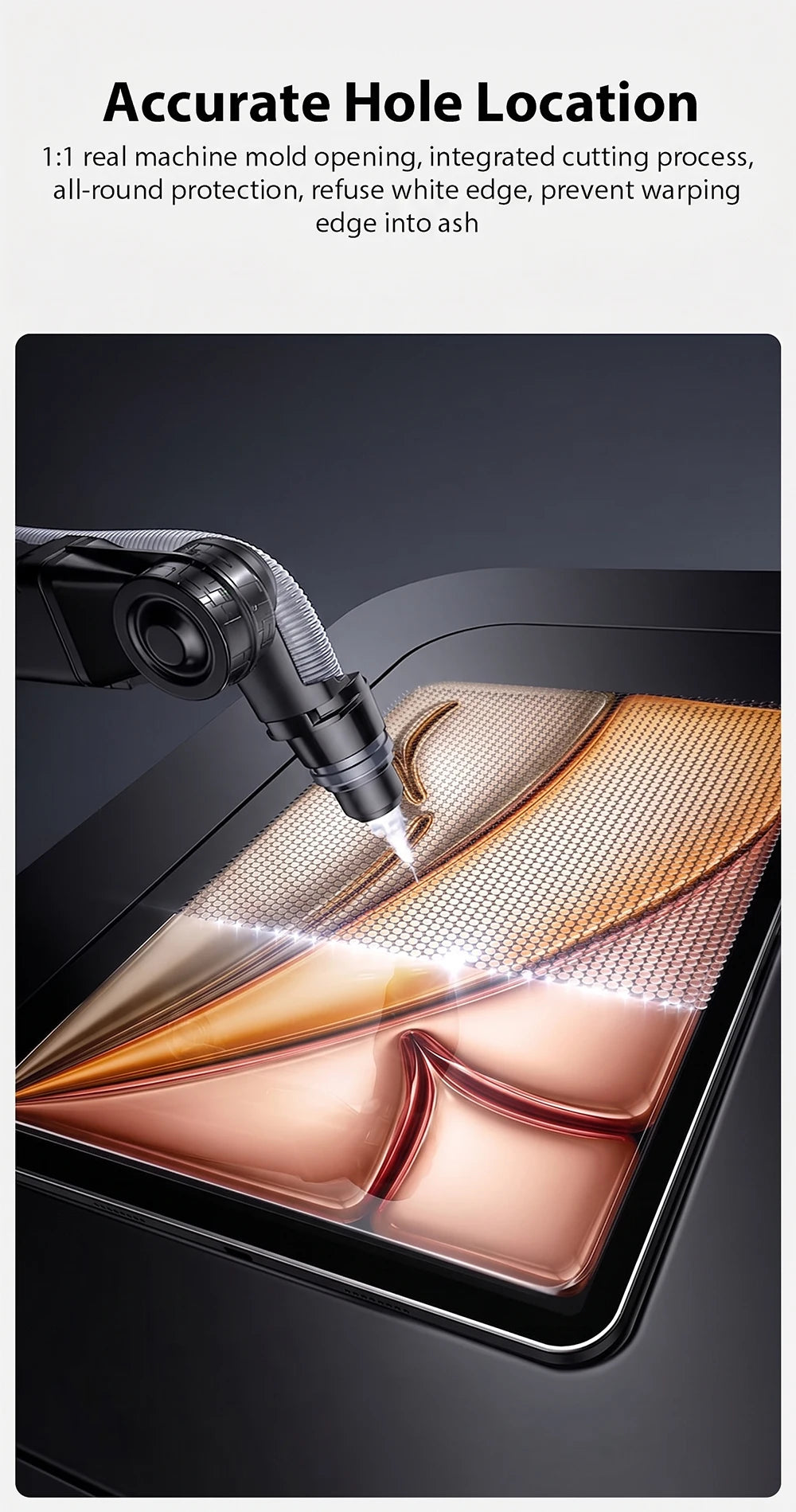 A close-up view of a tool precisely cutting a hole in a piece of tempered glass, demonstrating an accurate hole location proc