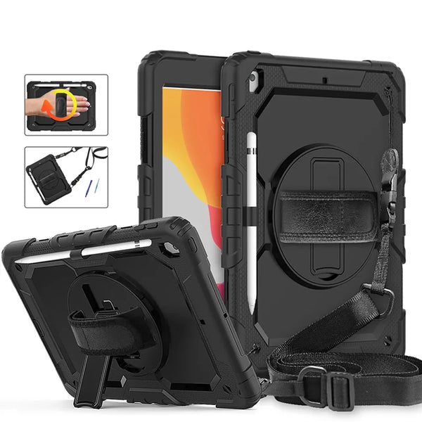 Black heavy duty rugged iPad case with rotating kickstand and shoulder strap shown in various angles