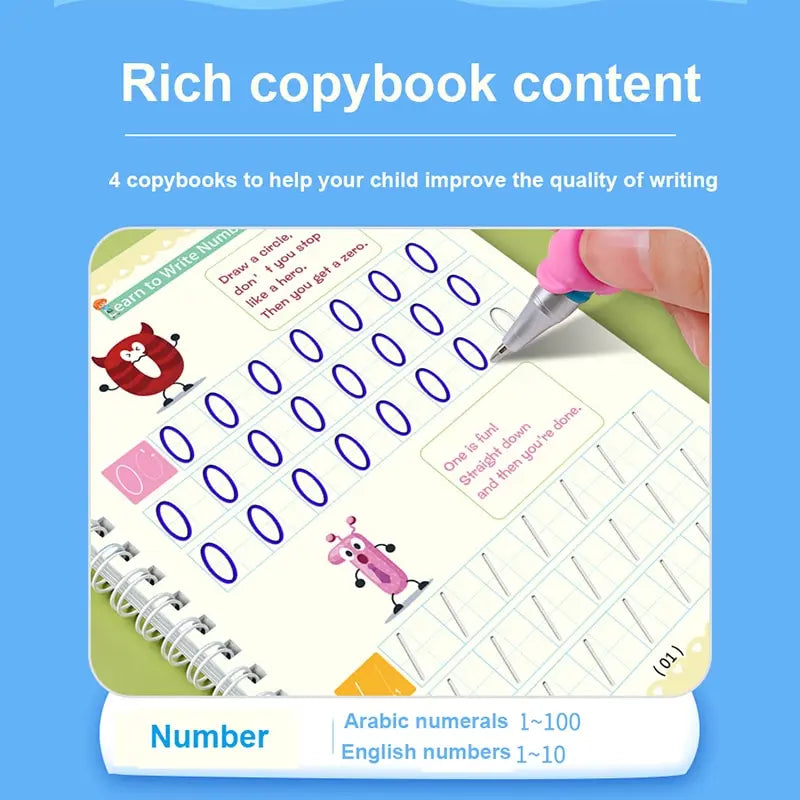 A page from a workbook showing practice for writing numbers and letters, including drills like drawing a circle and practicin