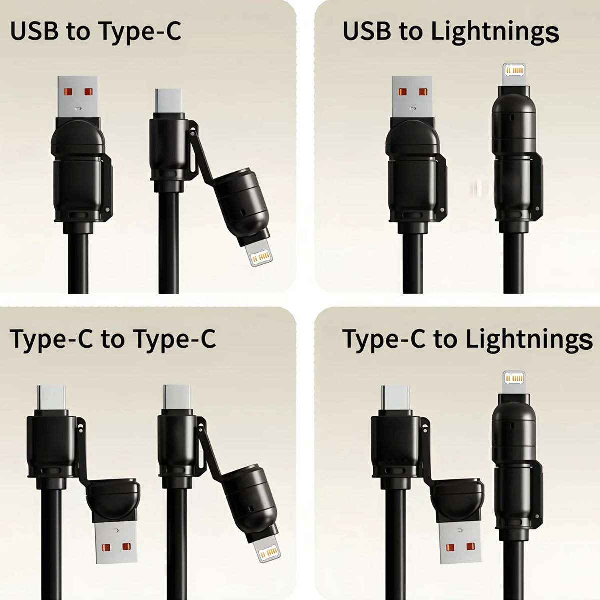 A set of various USB and Type-C to Lightning cables for data sync and charging.