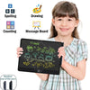 A smiling girl holds an interactive LCD writing tablet with various educational features like spelling, drawing, counting, an