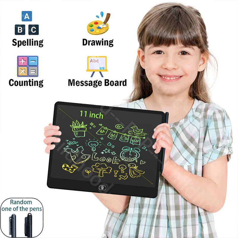A smiling girl holds an interactive LCD writing tablet with various educational features like spelling, drawing, counting, an