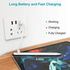 A white stylus pen is shown plugged into a wall outlet, demonstrating long battery and fast charging features.