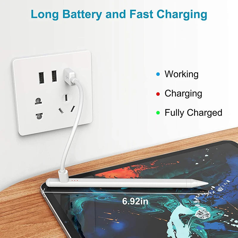 A white stylus pen is shown plugged into a wall outlet, demonstrating long battery and fast charging features.