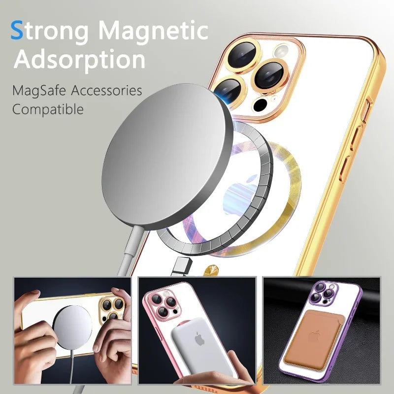 Nahaufnahme einer goldenen iPhone-Hülle, die starke magnetische Adhäsion für Zubehör und Kameraschutz demonstriert.