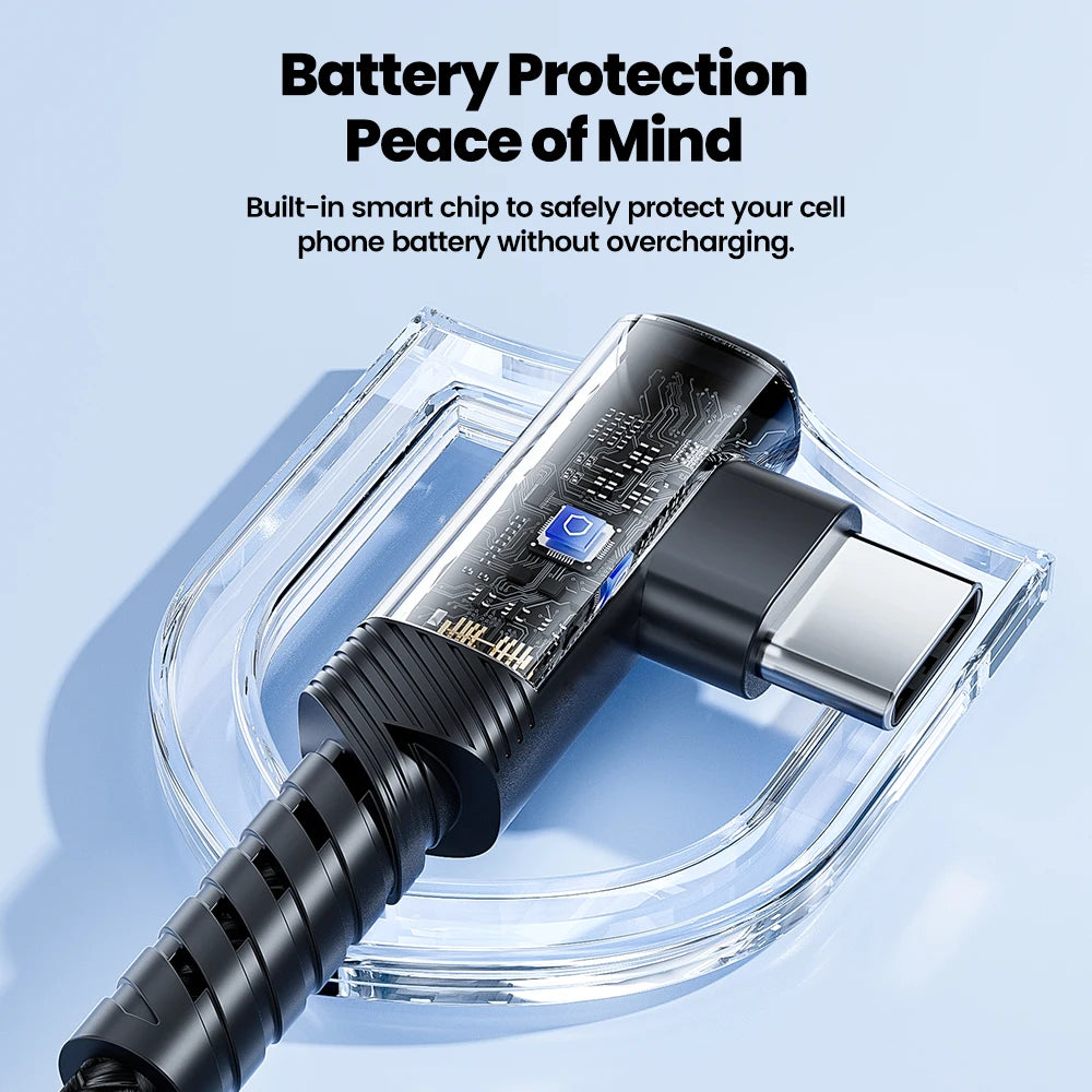 A black 60W USB-C fast charging cable with a right-angle connector is shown inside its protective clear casing.