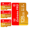 بطاقات ذاكرة ثلاثية تحمل اسم Extreme PRO بسعات 16 و 32 و 64 جيجابايت، بالإضافة إلى بطاقة بسعة 128 جيجابايت.