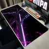 A large black gaming desk mat featuring a neon purple Berserk anime design, placed next to a keyboard and mouse.