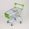 A silver shopping cart with a bright green frame and basket, designed as a desktop organizer.
