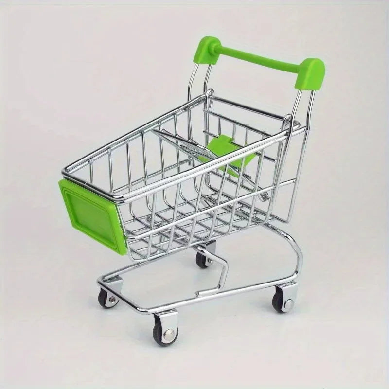 A silver shopping cart with a bright green tray and handle, designed as a creative desktop organizer.