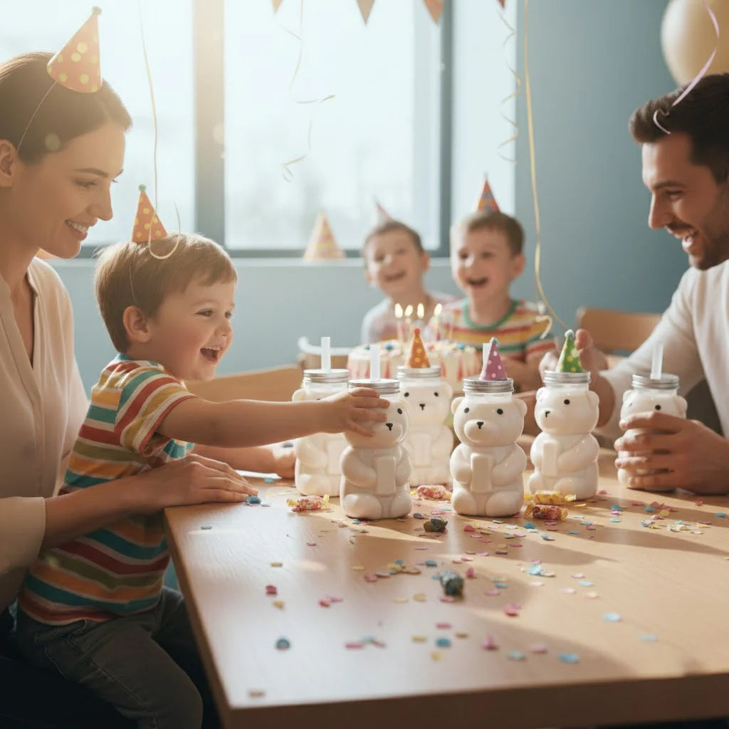 A family is having fun with bear-shaped reusable water bottles on a wooden table indoors.