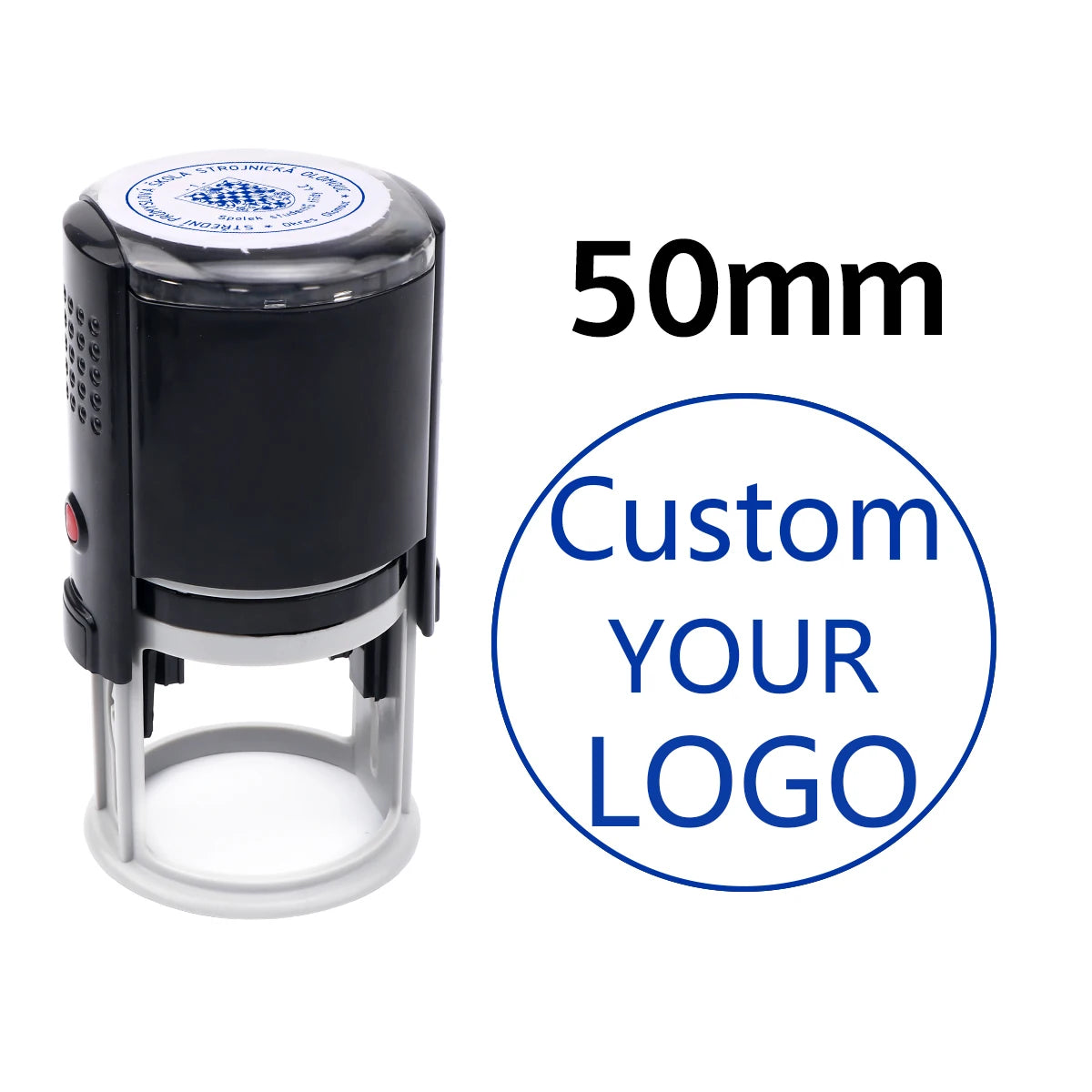 A black self-inking stamp with a silver base and a circular logo design, labeled 50mm.