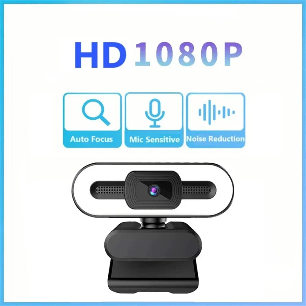 A black streaming webcam with a lens and microphone, featuring HD 1080P capabilities.