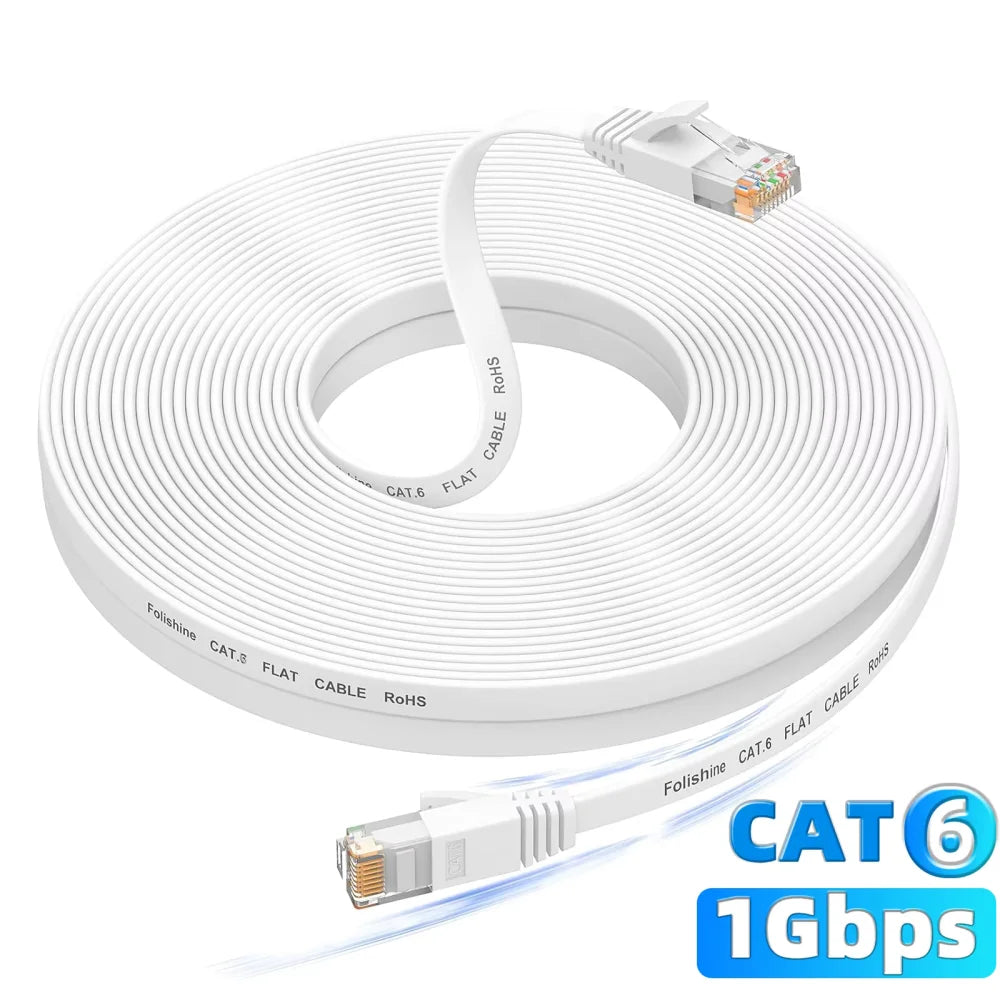 A white spool of CAT 6 Ethernet network cable with a connector and a loose cable shown.