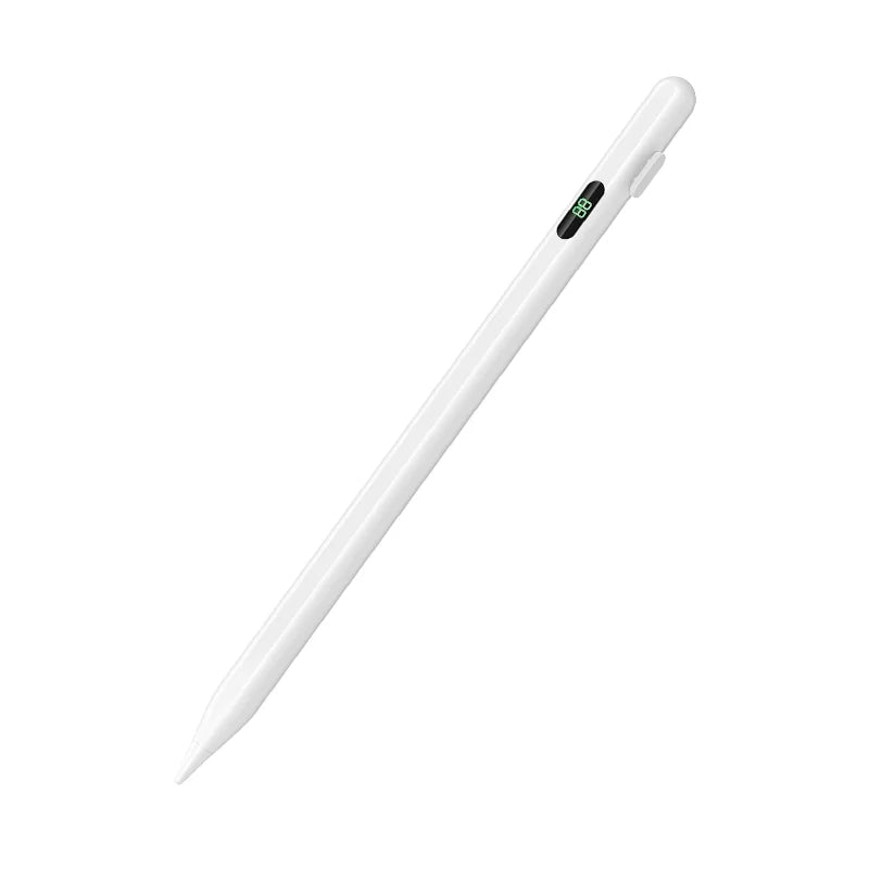 A white universal stylus pen with a black tip and grip, shown diagonally.