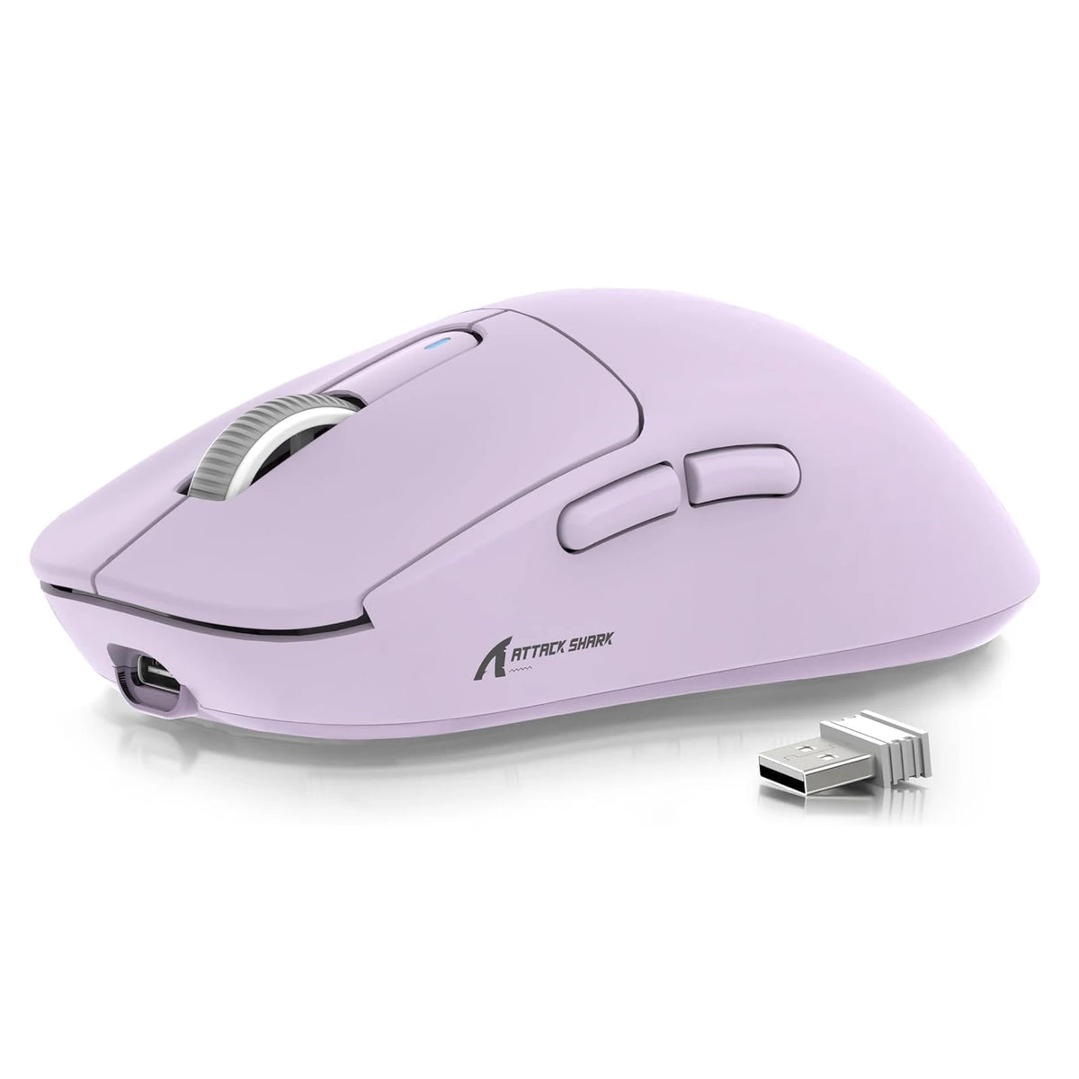 A purple Attack Shark wireless gaming mouse with a detachable USB receiver.