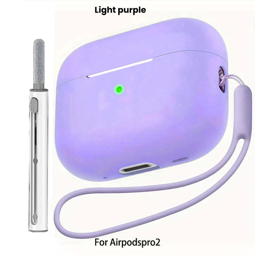 A purple liquid silicone case for AirPods Pro 2 shown with a cleaning pen and lanyard.