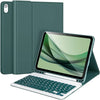 A green protective case for an iPad Air with a detachable keyboard shown next to the case.
