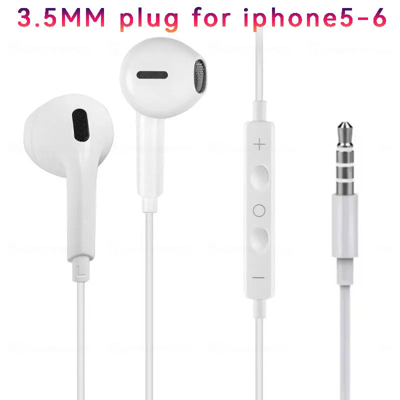 White 3.5MM plug earphones for iPhone 5-6 with a detachable cable and connector.