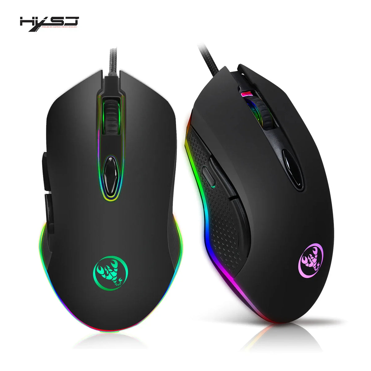 A black 2.4GHz silent wireless computer mouse shown from the top and side views.