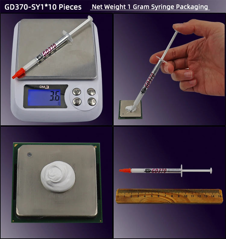 A syringe labeled GD370-SY1 is shown next to a scale and a ruler, demonstrating its packaging.