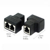 Schwarzer Dual-LAN-Ethernet-Splitter-Adapter mit Maßen 35x21 und 43 mm.