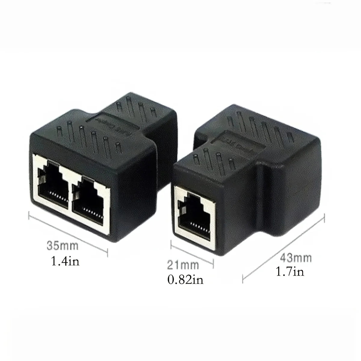 Schwarzer Dual-LAN-Ethernet-Splitter-Adapter mit Maßen 35x21 und 43 mm.