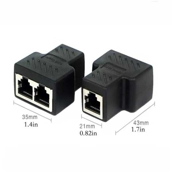 Black dual LAN Ethernet splitter adapter with dimensions 35mm by 21mm and 43mm.