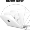 A white Crystal Clear hard shell case for a MacBook Air is shown fully open over 135 degrees.
