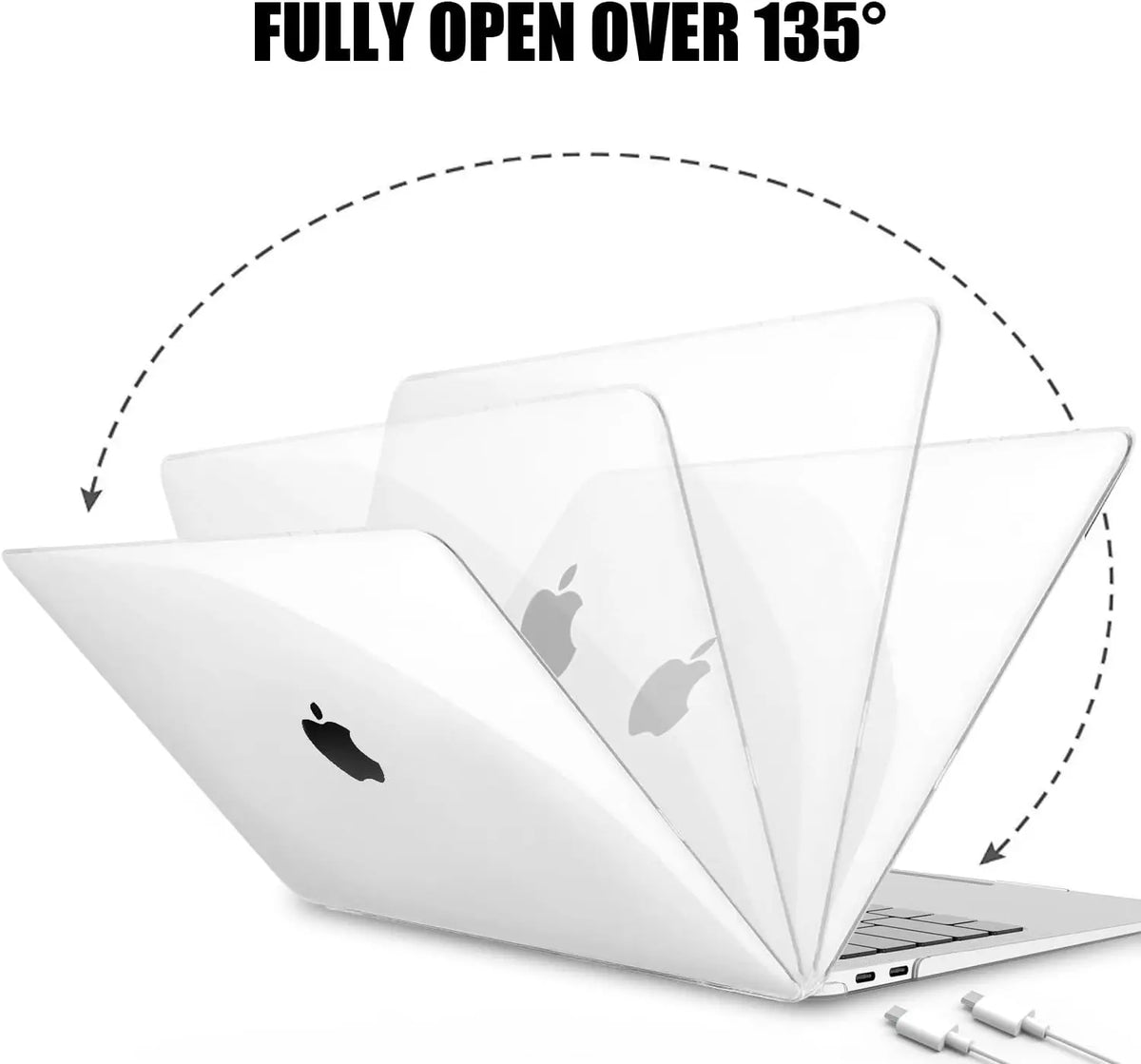 A white Crystal Clear hard shell case for a MacBook Air is shown fully open over 135 degrees.
