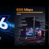 A black Wi-Fi 6 USB adapter is shown next to performance metrics displaying 600 Mbps on 5GHz and 286 Mbps on 2.4GHz.
