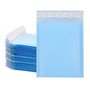 A stack of pink bubble mailers with self-sealing padded envelopes is shown next to a single blue envelope.