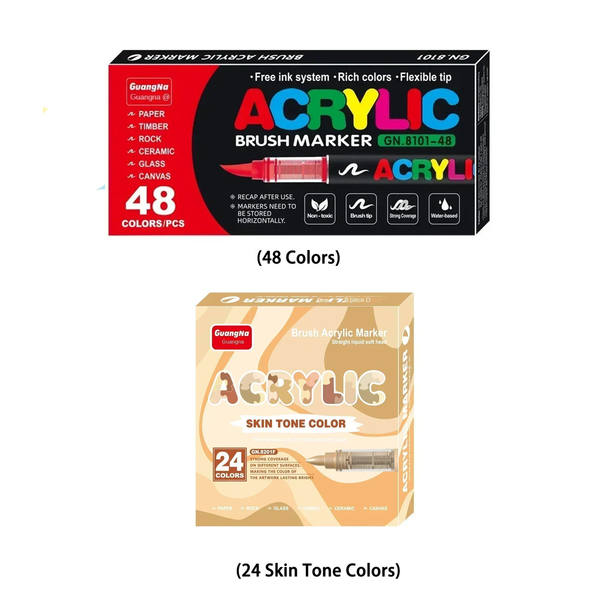Box of acrylic brush markers with 48 colors and a set of 24 skin tone colors