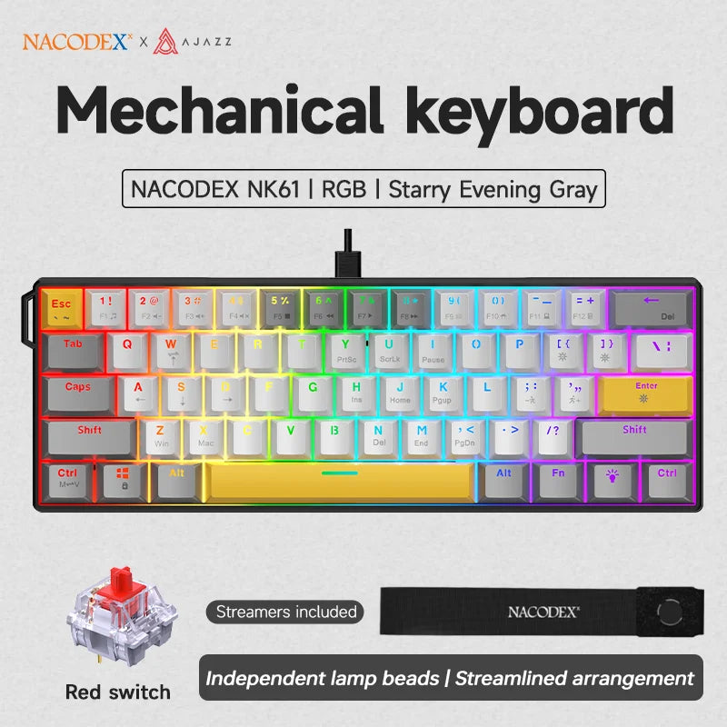 NACODEX NK61 mechanical keyboard in starry evening gray with red switch and independent lamp beads
