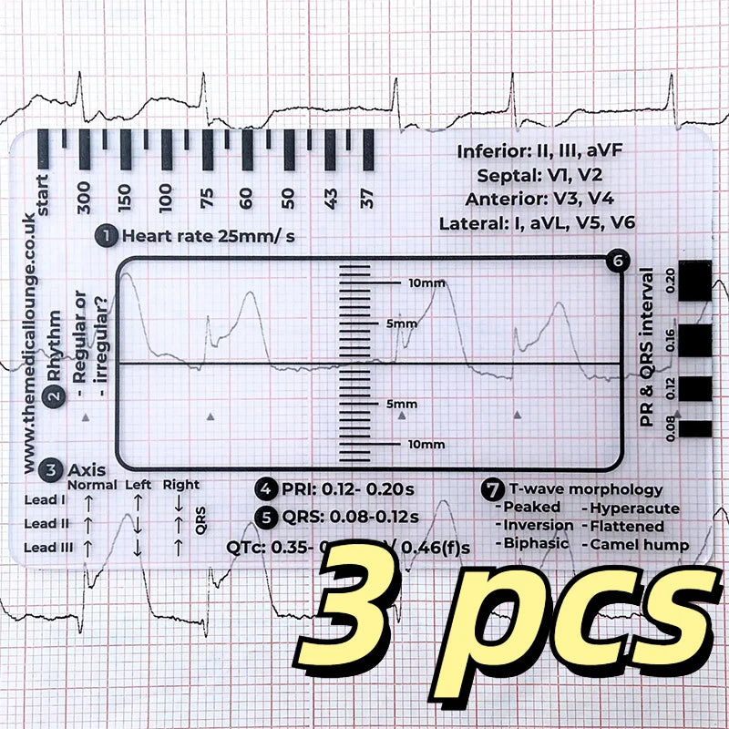 A ruler card showing an ECG tracing with various leads and measurements for EKG interpretation.