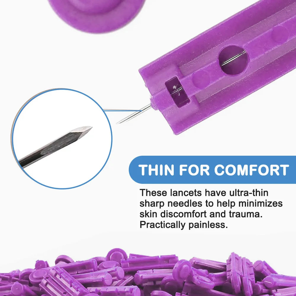 Purple sterile lancets with ultra-thin sharp needles shown in a packaging context.